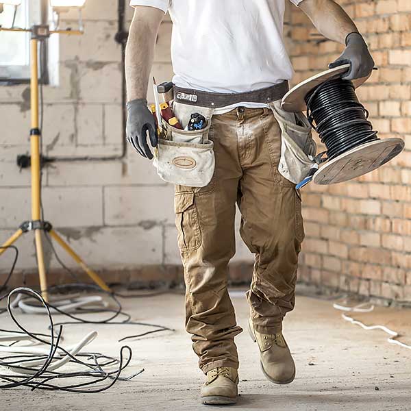 Servicio Instalaciones y Acabados Electricista con herramientas, trabajando en un sitio de construcción.